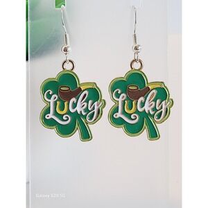 Green Enamel Lucky Shamrock Clover Drop Earrings St Patricks Day Irish Jewelry